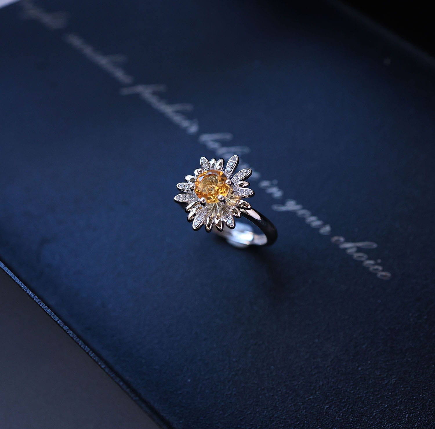 Daisy Flower Citrine Open Ring in 925 Sterling Silver – Handcrafted Brazilian Yellow Quartz Jewelry