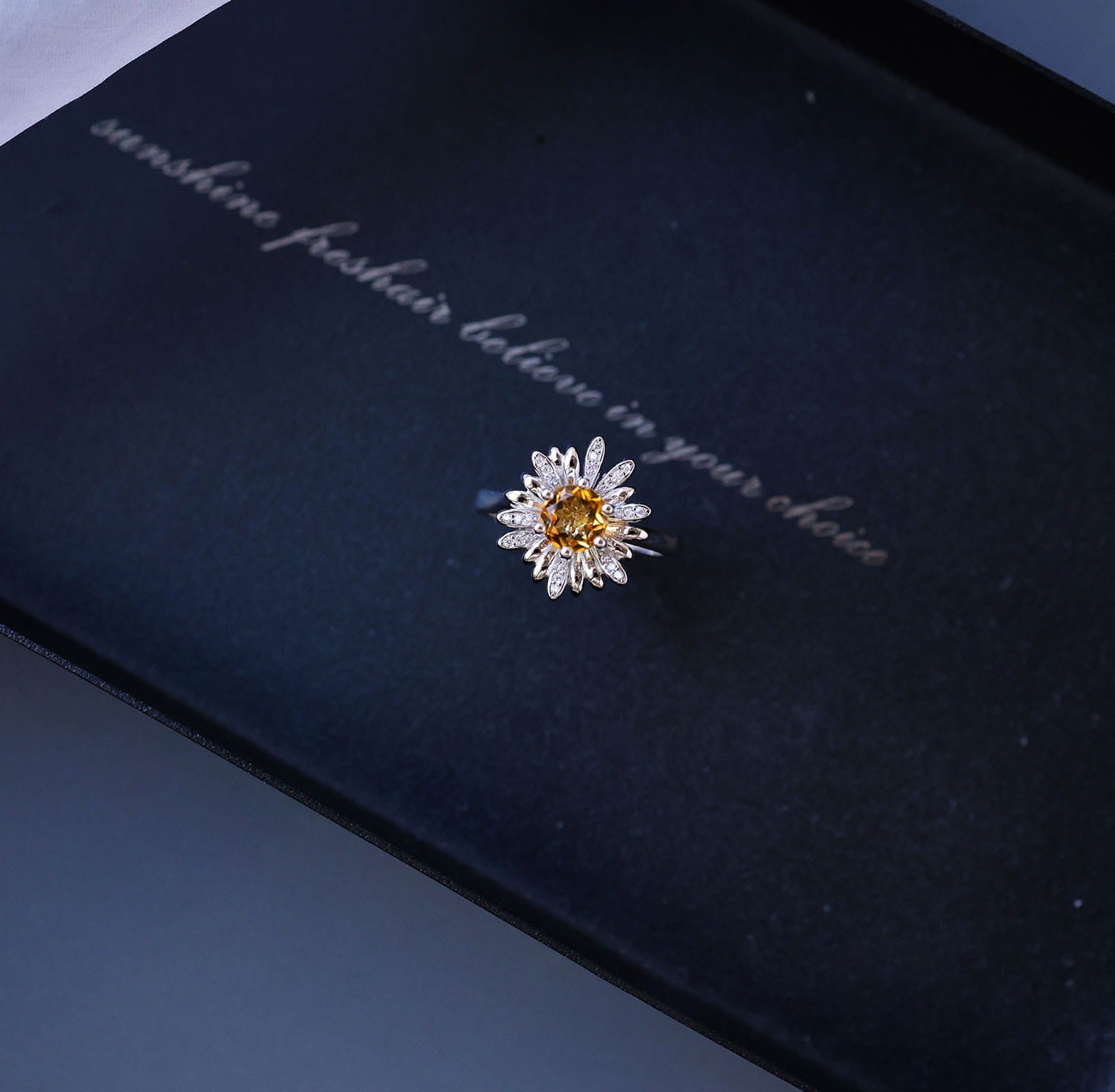Daisy Flower Citrine Open Ring in 925 Sterling Silver