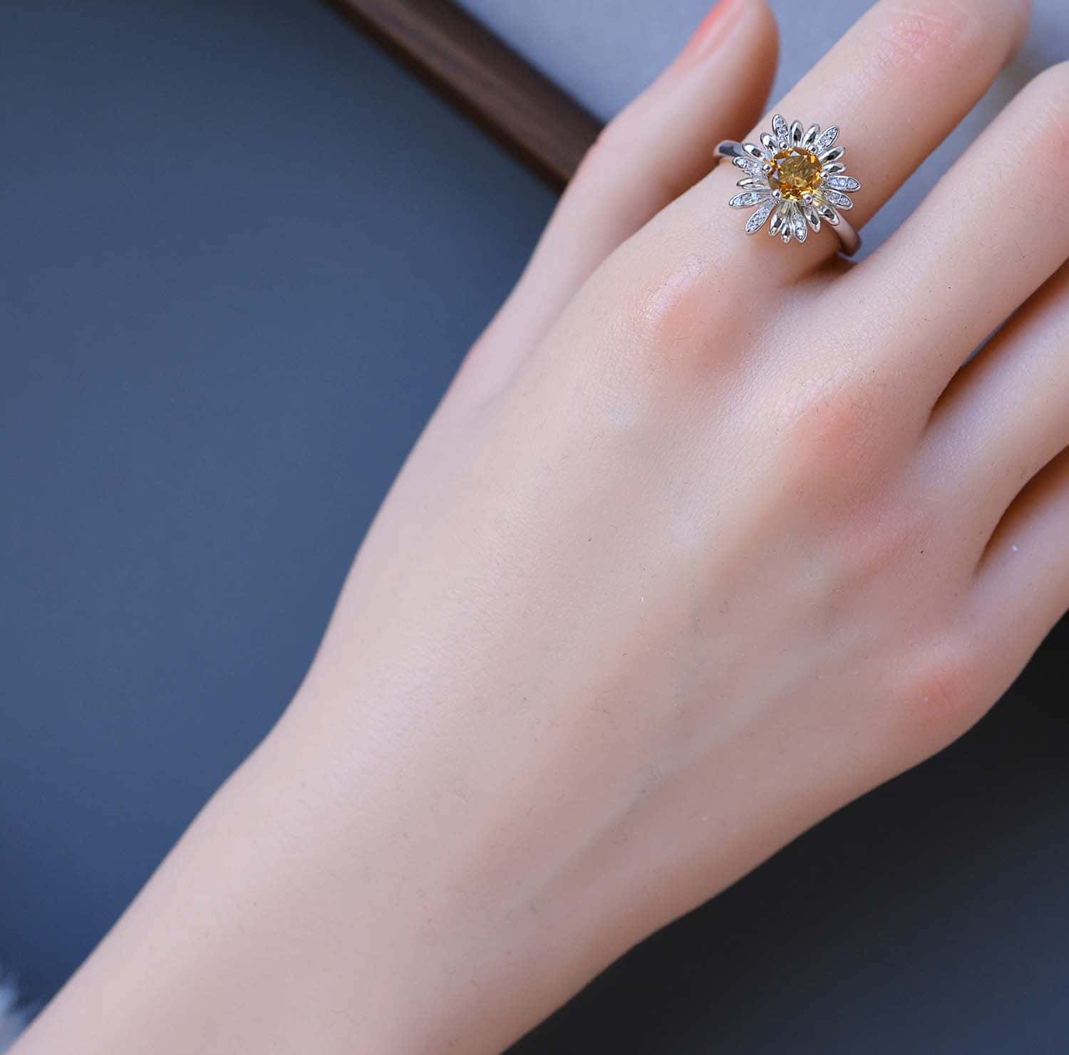 Daisy Flower Citrine Open Ring in 925 Sterling Silver – Handcrafted Brazilian Yellow Quartz Jewelry
