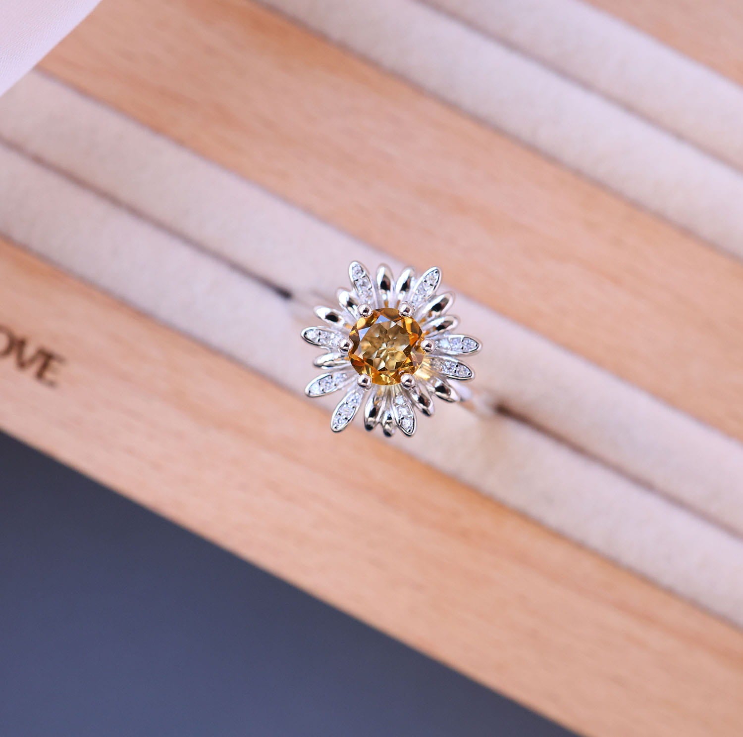 Daisy Flower Citrine Open Ring in 925 Sterling Silver
