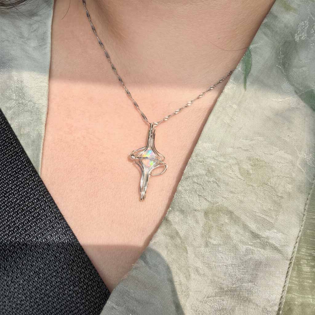 Handcrafted Sterling Silver Wire-Wrapped Pendant Necklace with Natural White Opal