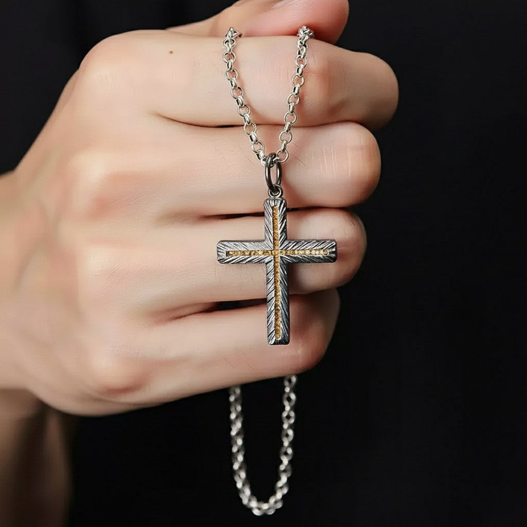 Handmade 999 Silver Cross Pendant with 24K Gold Accent