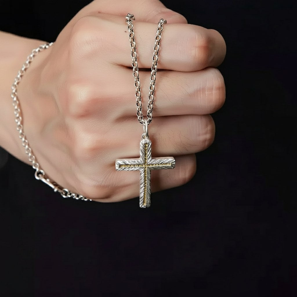 Handmade 999 Silver Cross Pendant with 24K Gold Accent