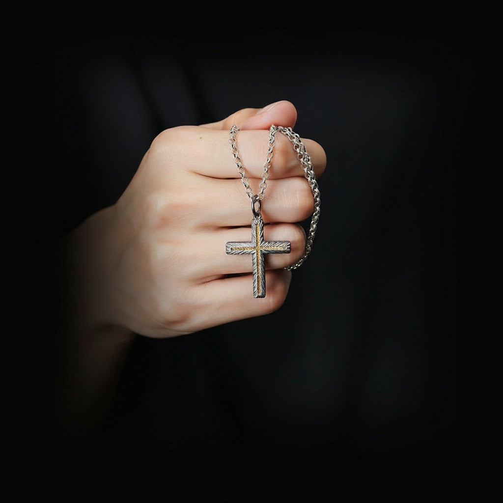 Handmade 999 Silver Cross Pendant with 24K Gold Accent