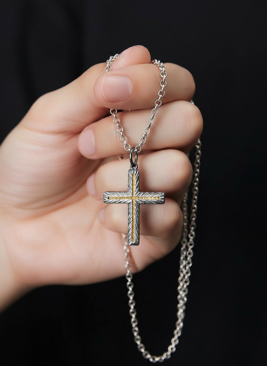 Handmade 999 Silver Cross Pendant with 24K Gold Accent