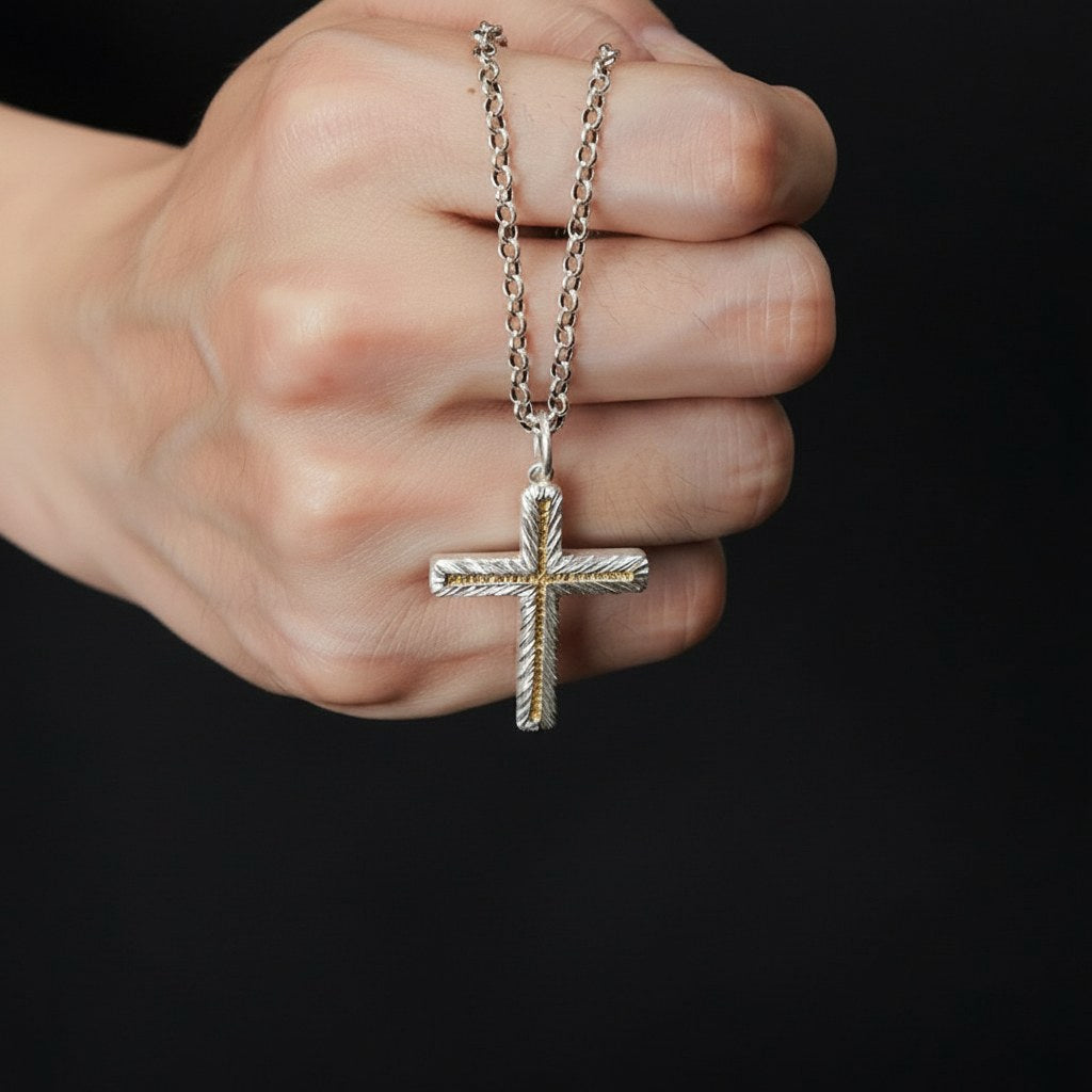 Handmade 999 Silver Cross Pendant with 24K Gold Accent