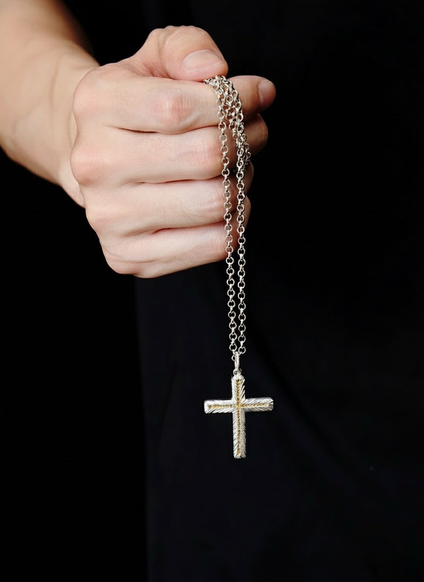 Handmade 999 Silver Cross Pendant with 24K Gold Accent