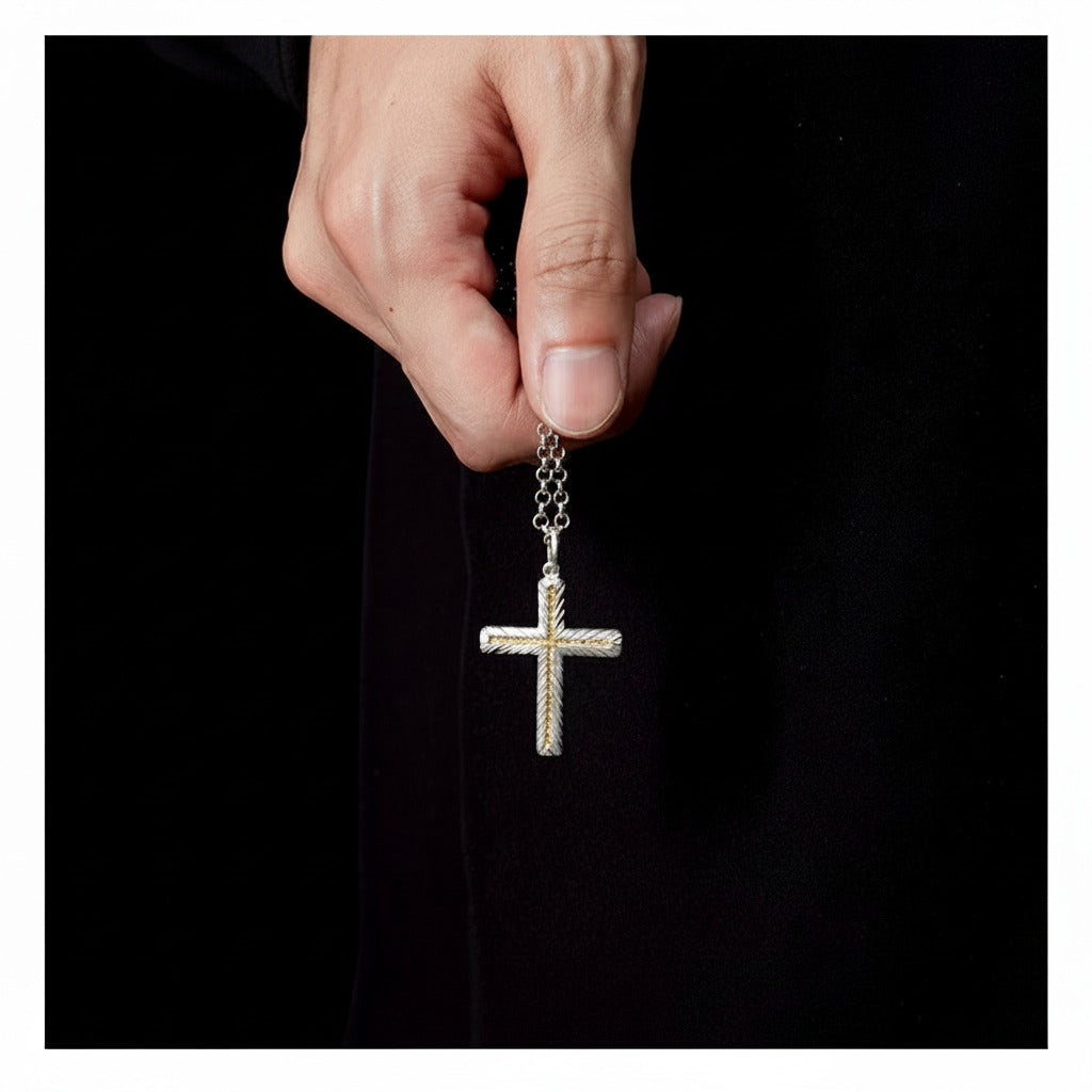 Handmade 999 Silver Cross Pendant with 24K Gold Accent