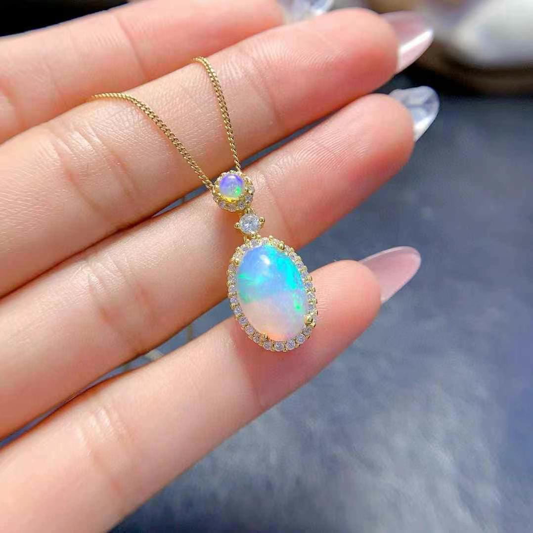 Natural Opal Pendant Necklace in 925 Sterling Silver with Gold Plating