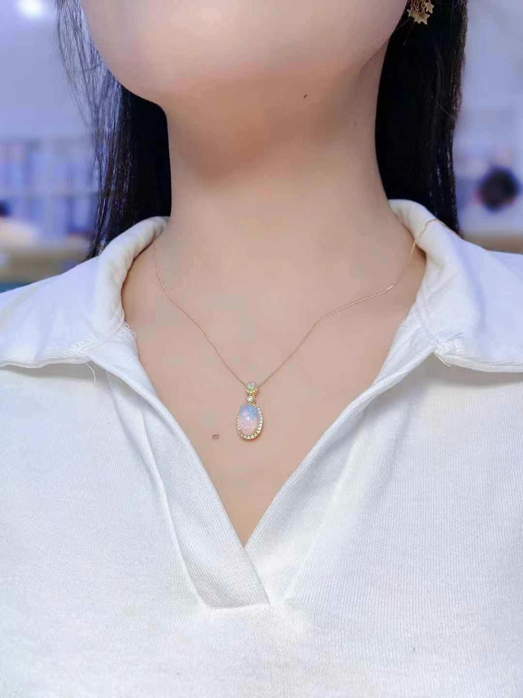 Natural Opal Pendant Necklace in 925 Sterling Silver with Gold Plating