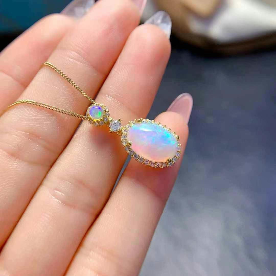 Natural Opal Pendant Necklace in 925 Sterling Silver with Gold Plating