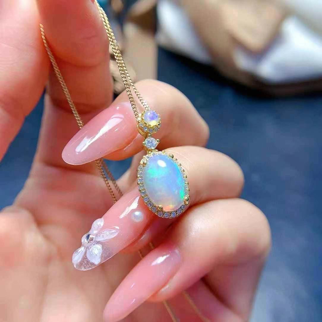 Natural Opal Pendant Necklace in 925 Sterling Silver with Gold Plating
