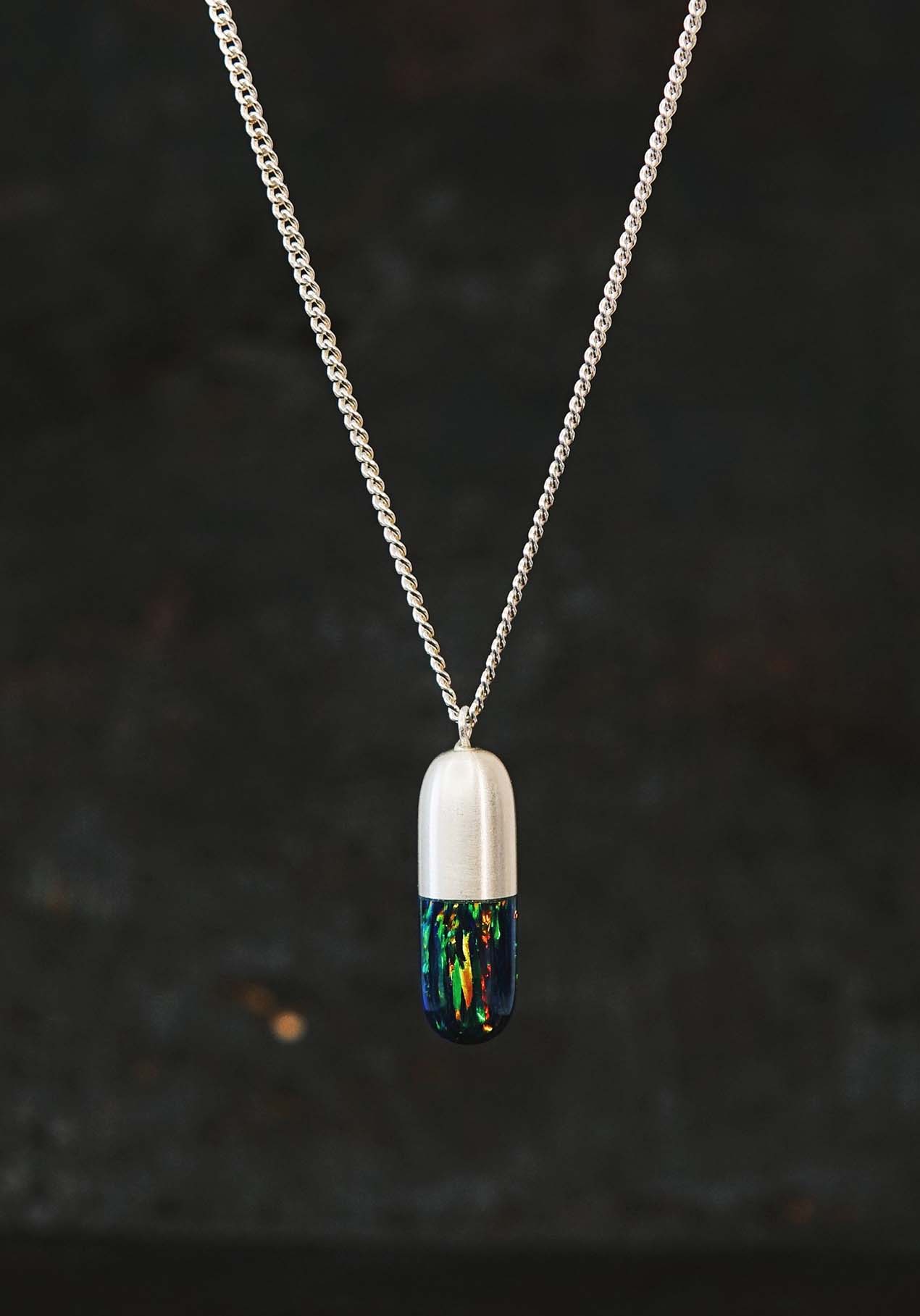 Original Handcrafted Capsule Pendant Necklace with Natural Opal and Solid Silver