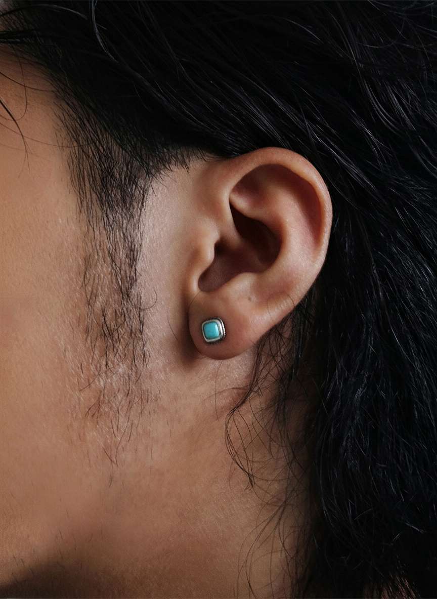Vintage Tibetan Style Turquoise Stud Earrings in 925 Sterling Silver