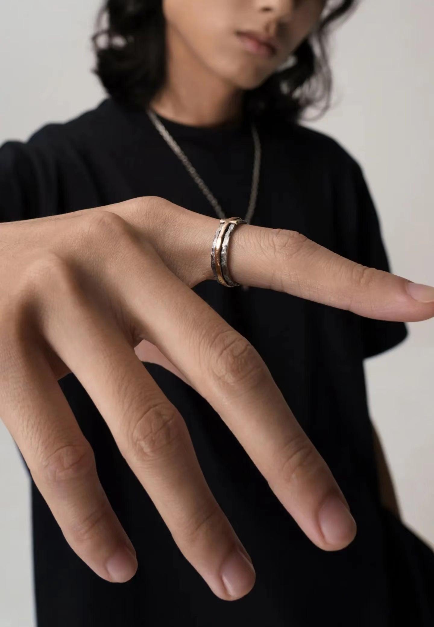 Open Silver Ring with Inlaid Brass Cross - LOVELY ROBIN