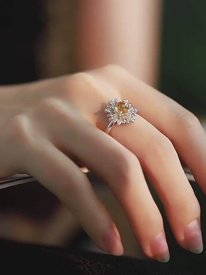 Daisy Flower Citrine Open Ring in 925 Sterling Silver – Handcrafted Brazilian Yellow Quartz Jewelry